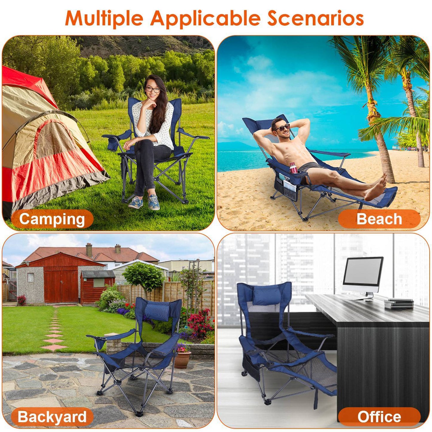 1Pc Foldable Camping Chair 330LBS Load Heavy Duty Steel Lawn Chair Collapsible Chair With Reclining Backrest Angle Cup Holder Pillow Side Pocket Carry Bag