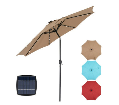 10ft Solar Polyester 32 LED Lighted Patio Umbrella With Tilt Adjustment And UV-Resistant Fabric