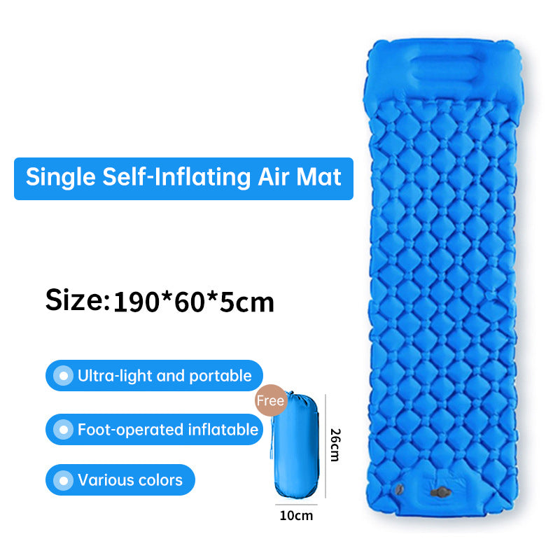 Outdoor double inflatable sleeping pad – with built-in pillow & pump, for camping, backpacking, hiking.