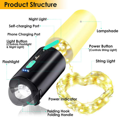 1Pc 4 In 1 Rechargeable Camping String Light IP44 Waterproof Camping Lantern With 33Ft String Light 7 Light Modes Emergency Power Bank Carry Bag For Indoor Outdoor Wedding Party