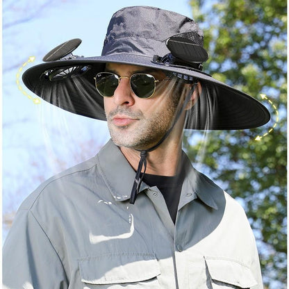 Unisex Solar Powered Black Fan Outdoor Fishing Wide Brim Sun Hat For Camping And Work