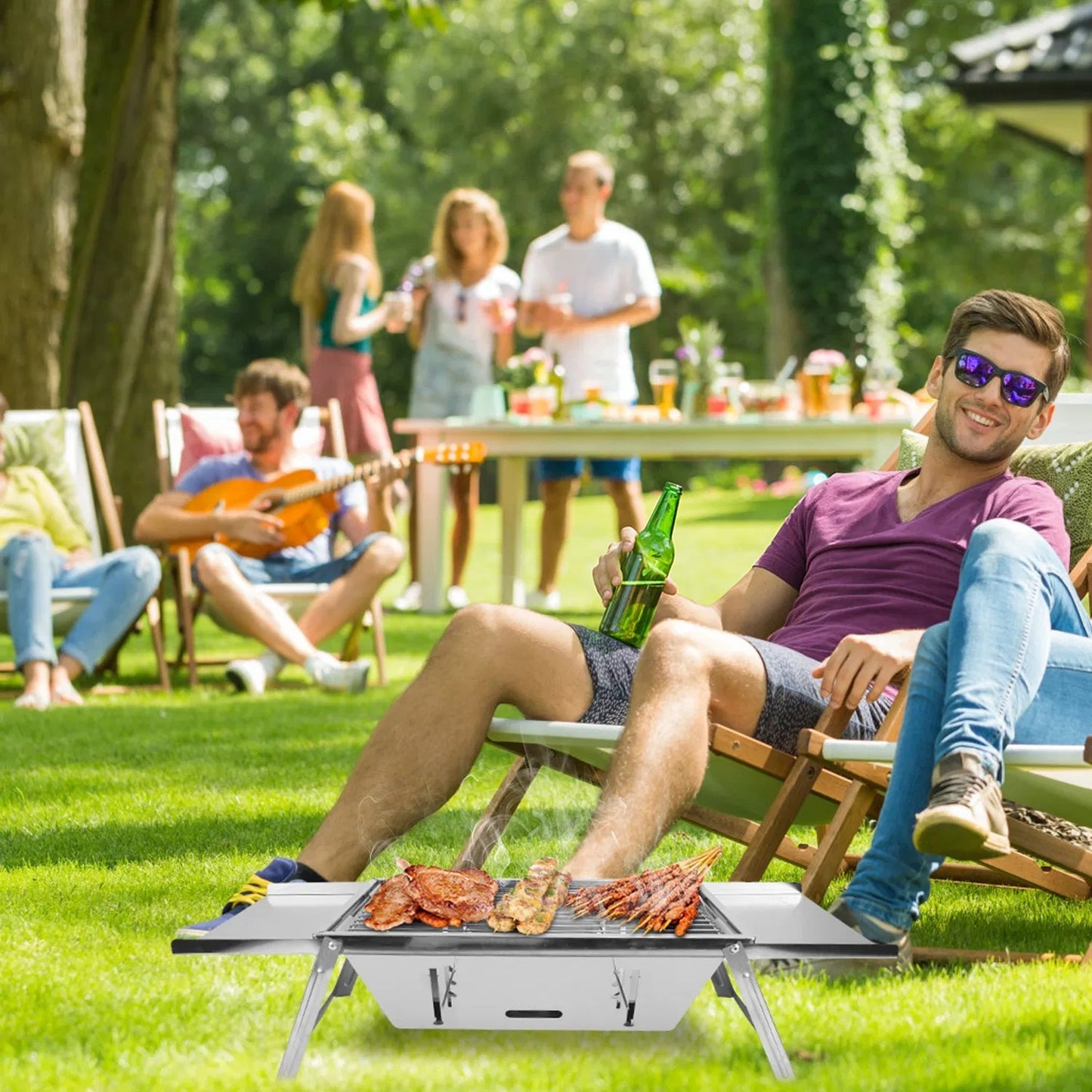 3 In 1 Foldable Charcoal Grill Fire Pit Slow Cooker 2-3 People Portable Camping Grill Stainless Steel BBQ Grill For Camping Tailgating Yard GPCT5452