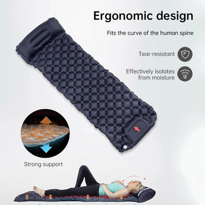 Outdoor double inflatable sleeping pad – with built-in pillow & pump, for camping, backpacking, hiking.