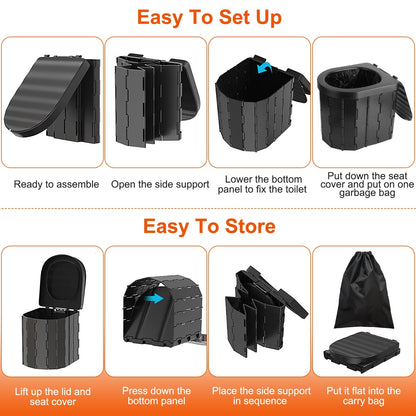 1Pc Foldable Emergency Toilet Portable Porta Potty For Car Travel Camping Boating Hiking Cleanable Travel Commode With Lid Carry Bag 1 Roll Garbage Bags