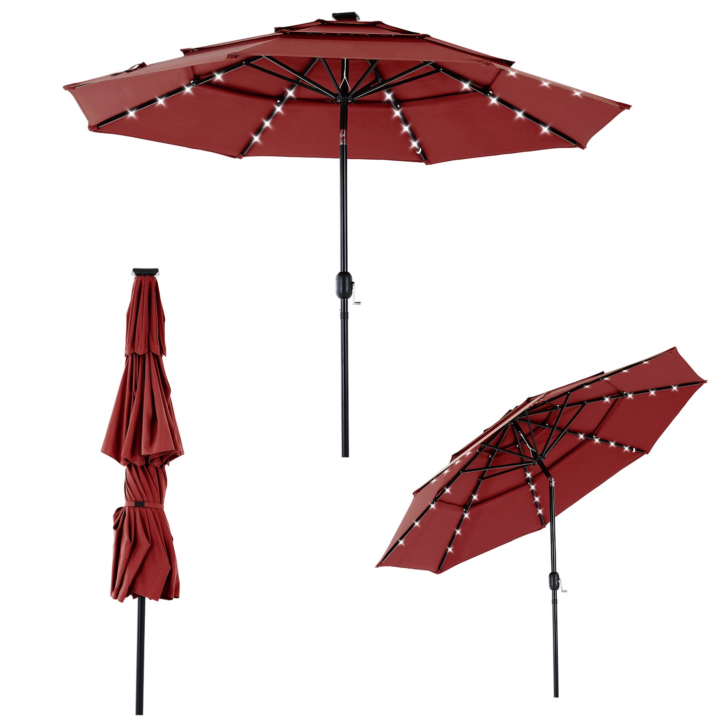 10FT 3-Tier Solar Patio Umbrella With 32 LED Lights, Outdoor Umbrellas With Push Button Tilt And Crank