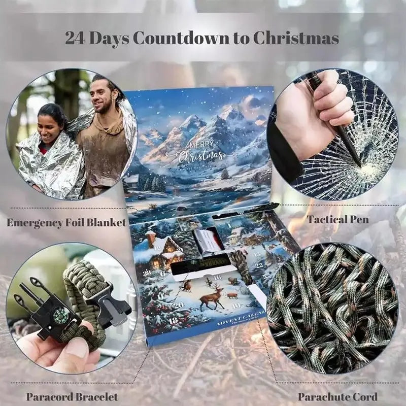 Survival Advent Calendar Set - 24-Day Christmas Countdown Calendar, 24 Days Of Camping Survival Gear - A Must-Have For Outdoor Adventure Enthusiasts And Wilderness Survival Supplies