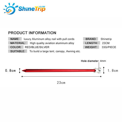 Shinetrip 4PCS tent pegs luxury Aluminum alloy pegs with pull cords Camping Awning Fixed nails Tubular Accessories 23cm