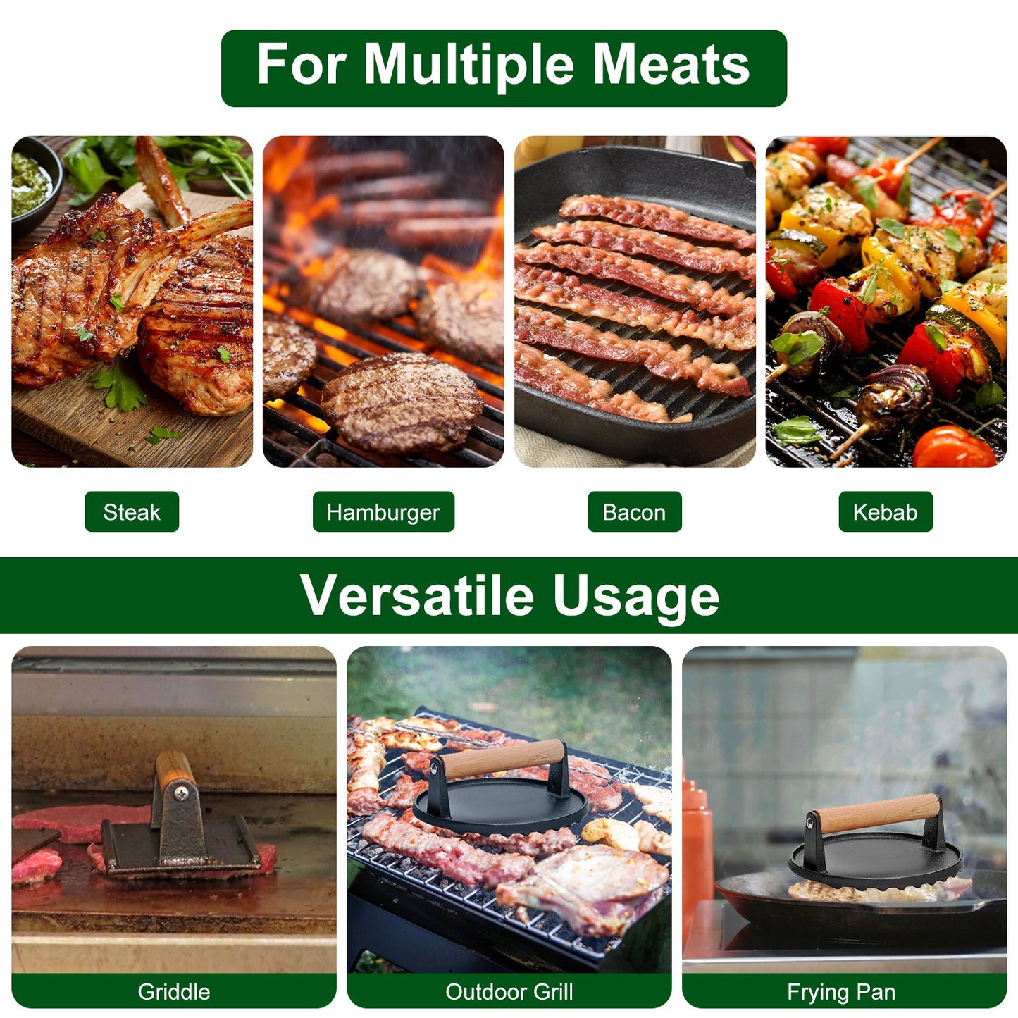 2Pcs Cast Iron Grill-1Pc Rectangular & 1Pc Round Press Pre-Seasoned Steak Weights Smash Burger Press Bacon Meat Smasher With Wood Handle 7in Round & 8.2x4.25in Rectangular Grill Press