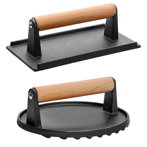 2Pcs Cast Iron Grill-1Pc Rectangular & 1Pc Round Press Pre-Seasoned Steak Weights Smash Burger Press Bacon Meat Smasher With Wood Handle 7in Round & 8.2x4.25in Rectangular Grill Press