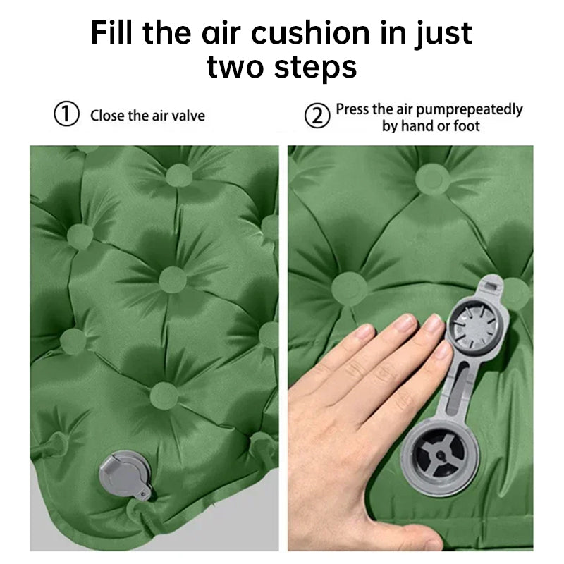 Outdoor double inflatable sleeping pad – with built-in pillow & pump, for camping, backpacking, hiking.