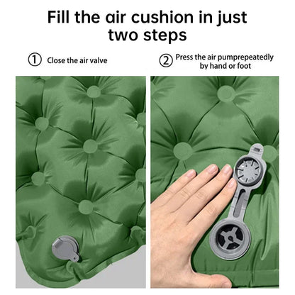 Outdoor double inflatable sleeping pad – with built-in pillow & pump, for camping, backpacking, hiking.