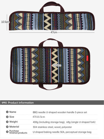 Outdoor Grill Grill Fork Wood Handle U Type Grill Pin Stainless Steel Grill Stick Wood Handle U Type Roast Pin Picnic Grill Meat