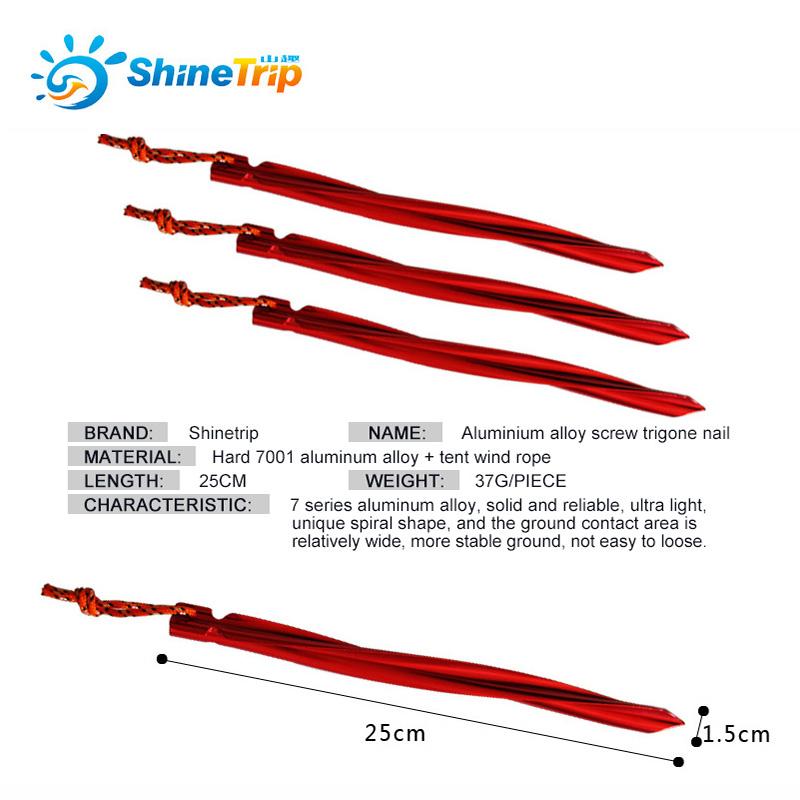 Shinetrip 4pcs  25cm  Aluminium alloy screw trigone nails Camping Sandbeach Swirled Shape Tent Peg with Pull Cord