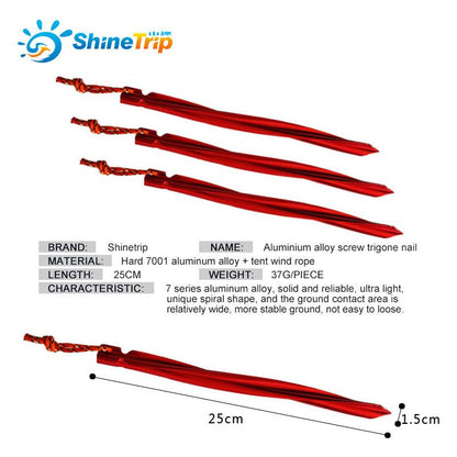 Shinetrip 4pcs  25cm  Aluminium alloy screw trigone nails Camping Sandbeach Swirled Shape Tent Peg with Pull Cord