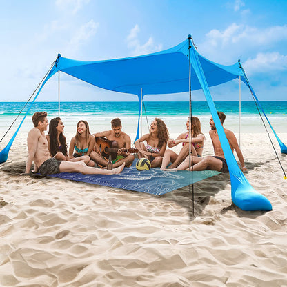Family beach tent, large pop-up parasol, beach shelter, sun shade. Stable poles with portable carry bag. Outdoor shade.