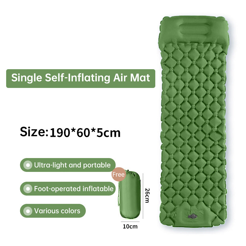 Outdoor double inflatable sleeping pad – with built-in pillow & pump, for camping, backpacking, hiking.