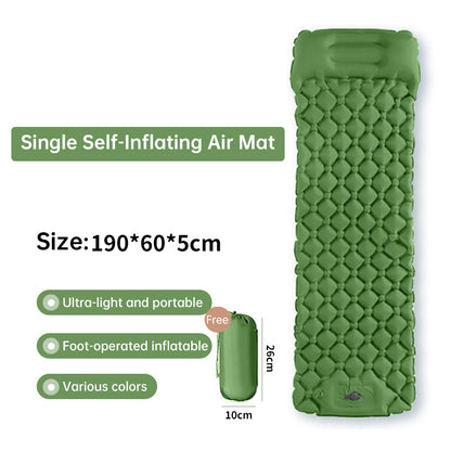 Outdoor double inflatable sleeping pad – with built-in pillow & pump, for camping, backpacking, hiking.