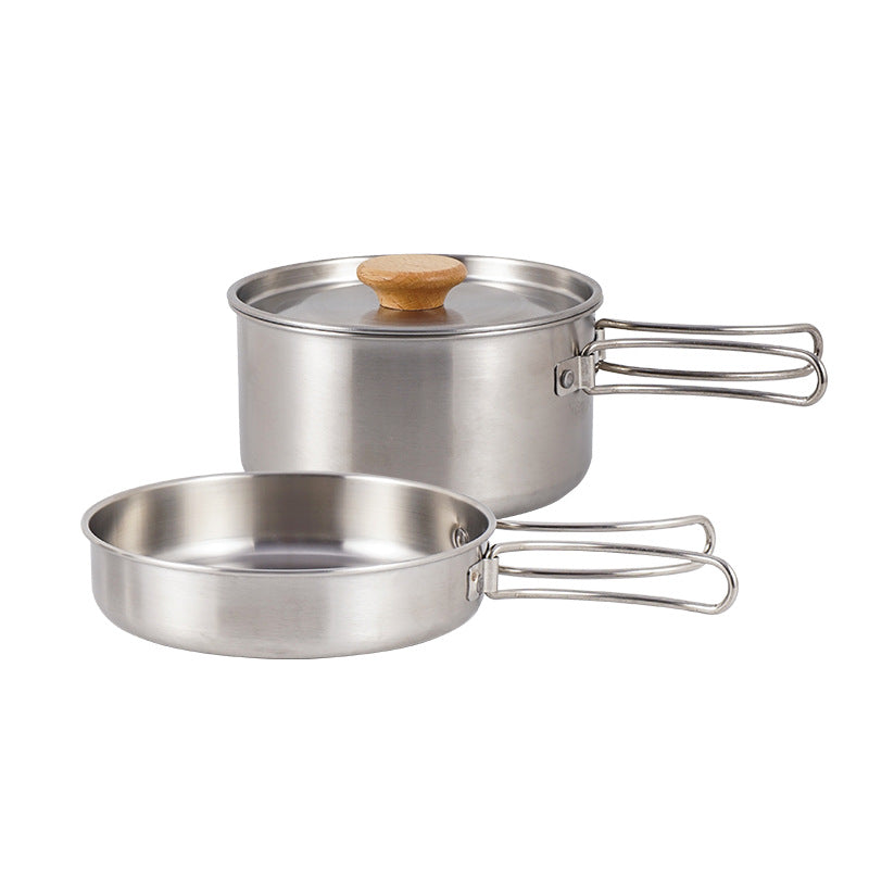 Outdoor Mountaineering 304 Stainless Steel Folding Handle Pot Camping Portable Frying Pan Soup Pot