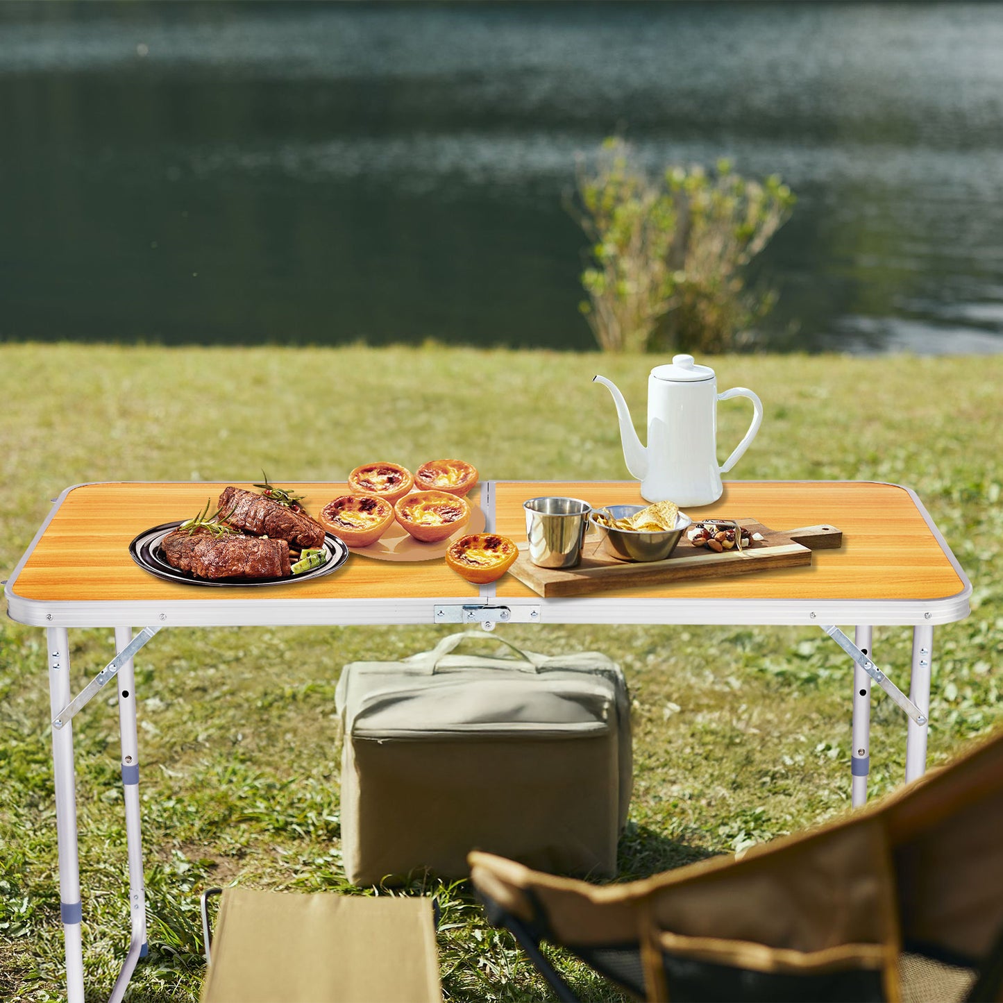 4ft Wood Grain Outdoor Folding Table Aluminum Alloy Rectangular 50kg Two Fold Tabletop