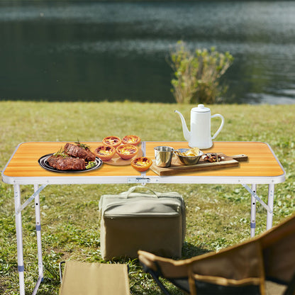 4ft Wood Grain Outdoor Folding Table Aluminum Alloy Rectangular 50kg Two Fold Tabletop