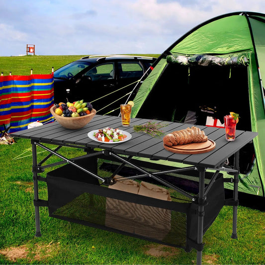 220 Lb Capacity Foldable Camping Table Aluminum Top & Steel Frame With Mesh Basket Portable BBQ Picnic Beach Table Includes Carry Bag