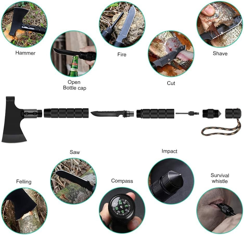 9-in-1 Portable Survival Axe, Multi-functional Tool For Jungle Camping, Tree Cutting, Hiking, Emergency, Outdoor Adventure, Backpacking, Bushcraft, And Wilderness Survival Gear