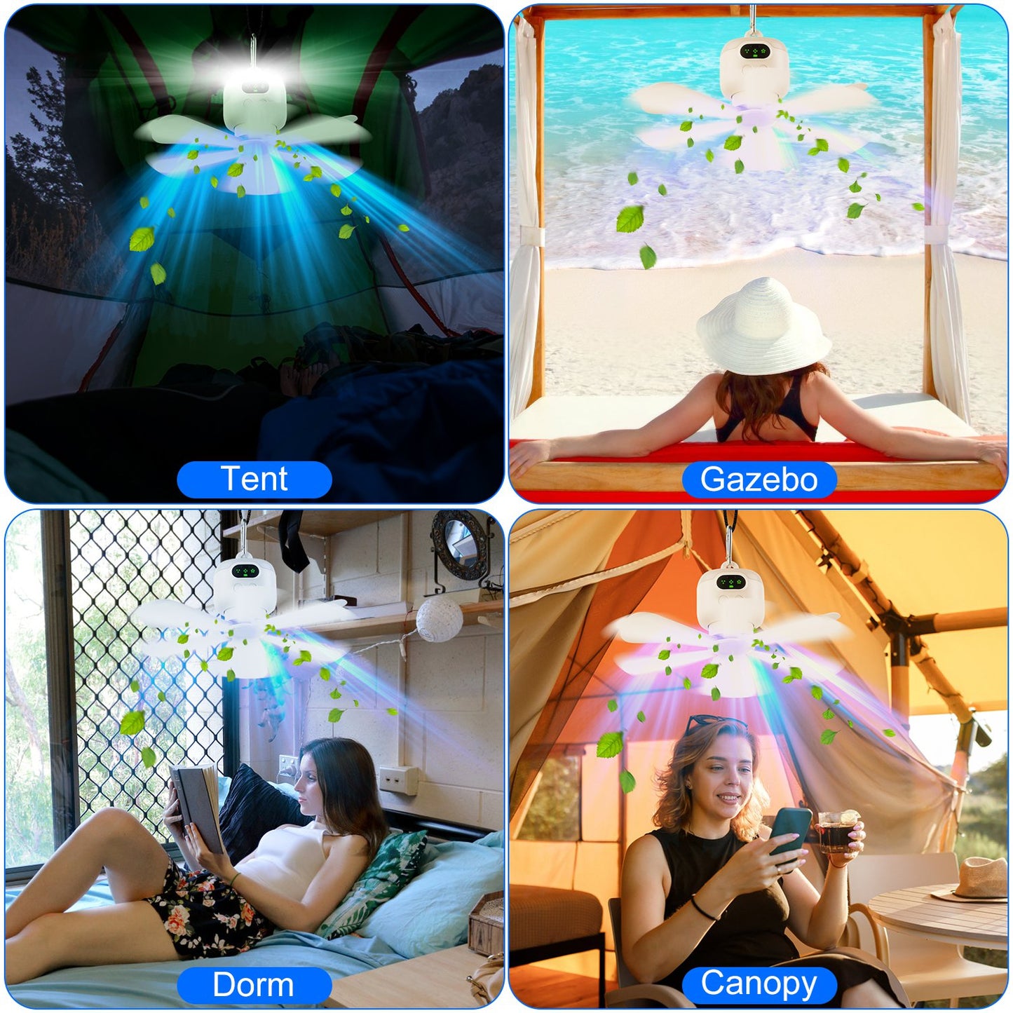 1Pc 2 In 1 Portable Camping Fan With LED Lantern 8000mAh Battery Powered Tent Fan With Carabiner Digital Display 4 Speeds 4 Timer Settings For Camping Canopy Tents RV