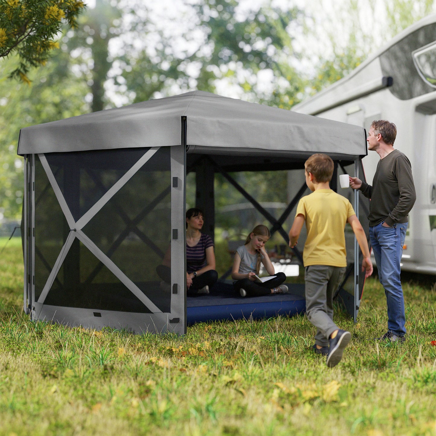 12 X 12 Hexagonal Up Gazebo Canopy Tent With 5 Sidewalls, Outdoor Canopy Shelter With Carry Bag, Dark Gray