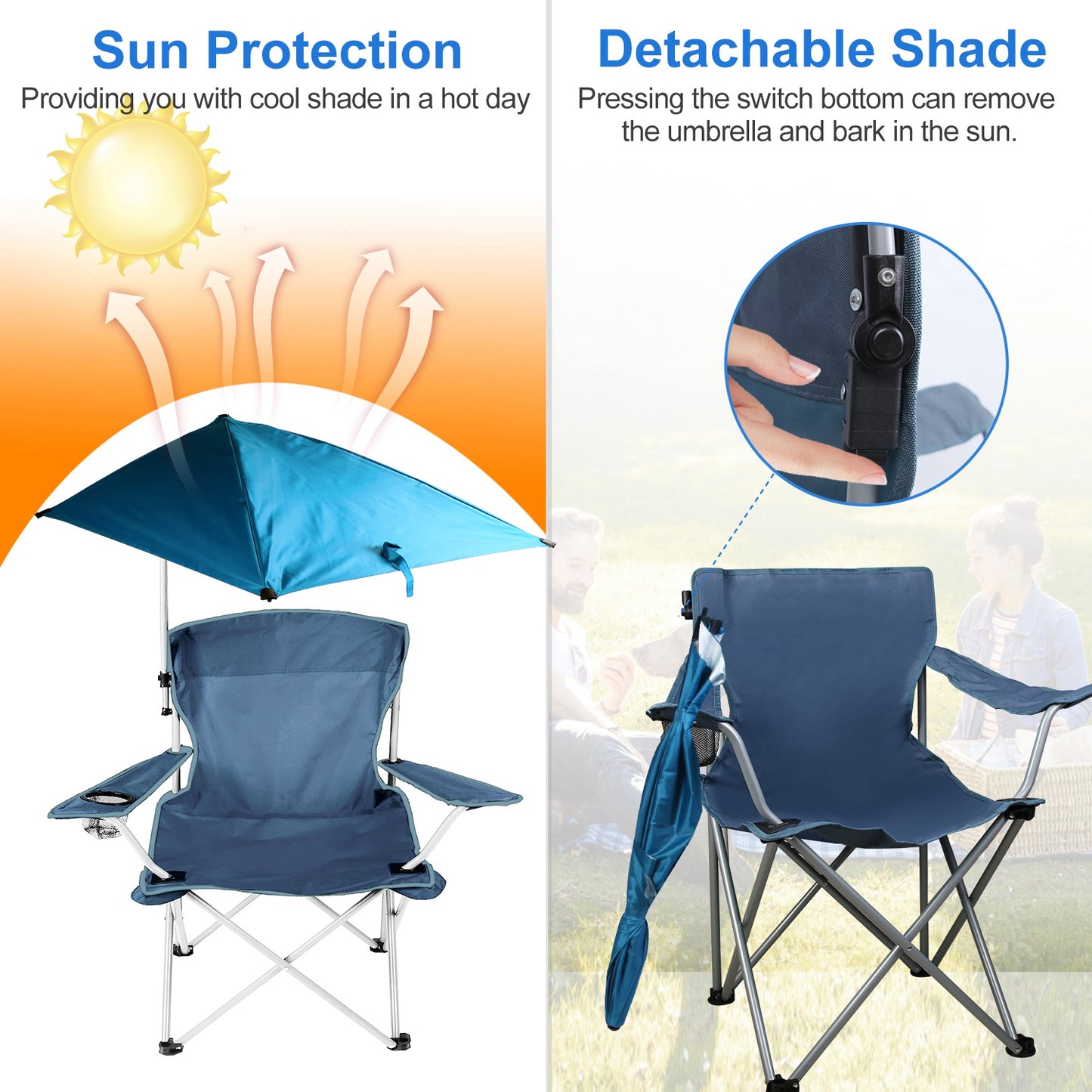 1Pc Foldable Beach Chair With Sun Canopy Cup Holder Carry Bag Adkustable Armrest Detachable Umbrella 220.5lbs Max Load Fedex Shipping