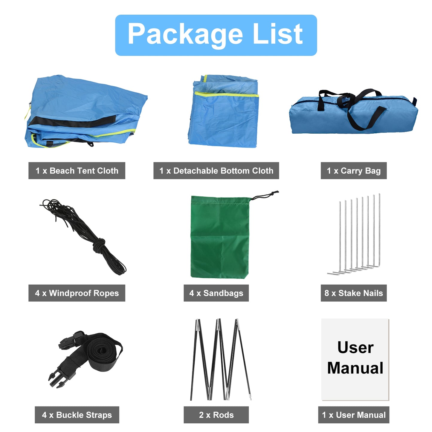 1Pc 4-6 Person Beach Tent Canopy  With 3 Door Openings Carry Bag UPF50 Waterproof  For Beach Picnic Camping Hiking Adventure Fishing