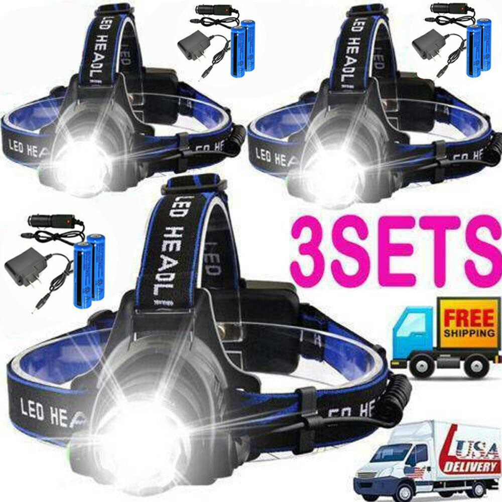 LED Headlamp Rechargeable Head Torch Zoom Headlight Lamp Super Bright Flashlight 3 Modes Light With 2 Li-ion Batteries 2 Charger