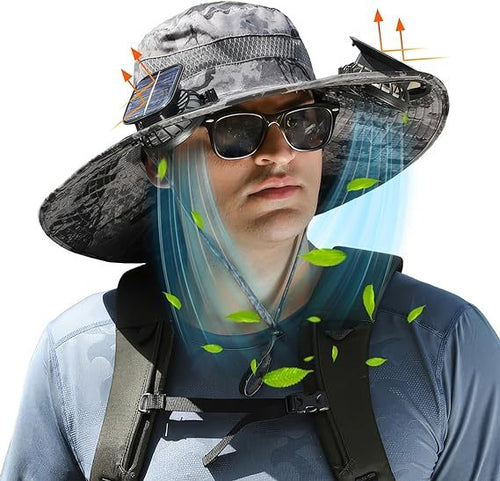 Unisex Wide Brim Solar Fan Outdoor Fishing Hat-Solar & USB Charging, Sunscreen Sun Hat With Fan, Camping Uv Protection