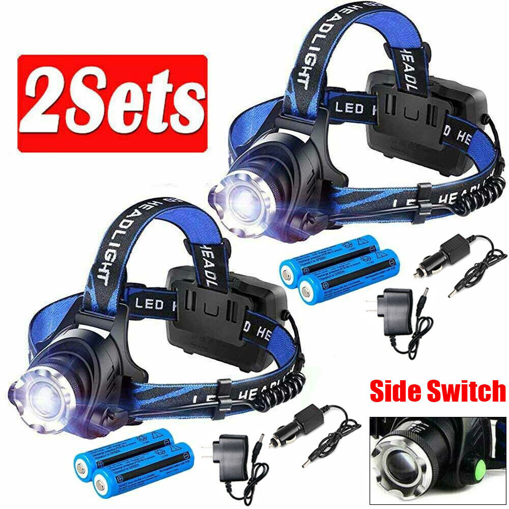 LED Headlamp Rechargeable Head Torch Zoom Headlight Lamp Super Bright Flashlight 3 Modes Light With 2 Li-ion Batteries 2 Charger