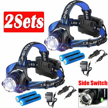 LED Headlamp Rechargeable Head Torch Zoom Headlight Lamp Super Bright Flashlight 3 Modes Light With 2 Li-ion Batteries 2 Charger