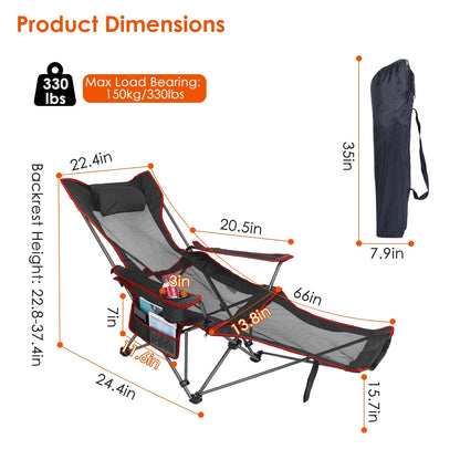 1Pc Foldable Camping Chair 330LBS Load Heavy Duty Steel Lawn Chair Collapsible Chair With Reclining Backrest Angle Cup Holder Pillow Side Pocket Carry Bag