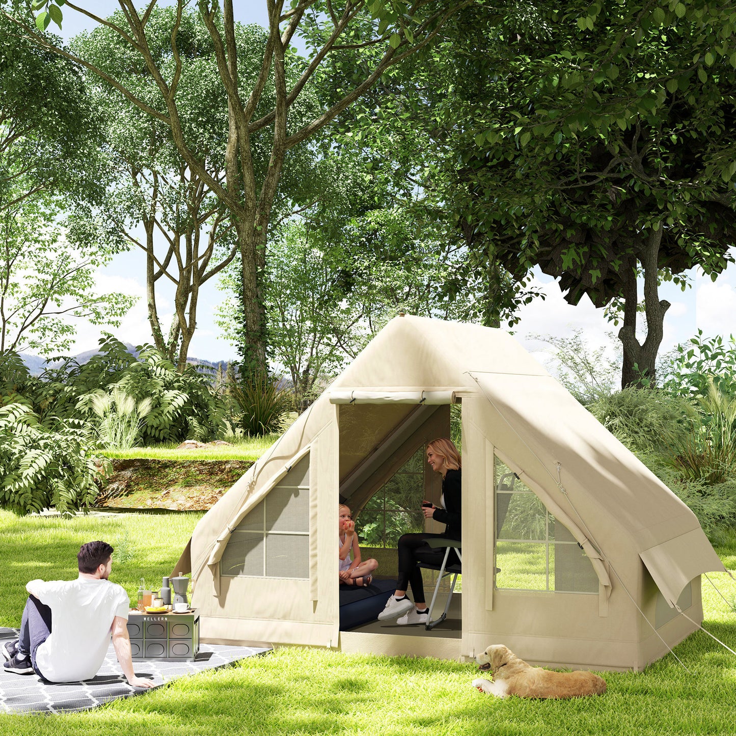 Inflatable Camping Tent With Hand Pump, 4 Season Blow Up Tent, Waterproof And Windproof With Mesh Windows And Doors