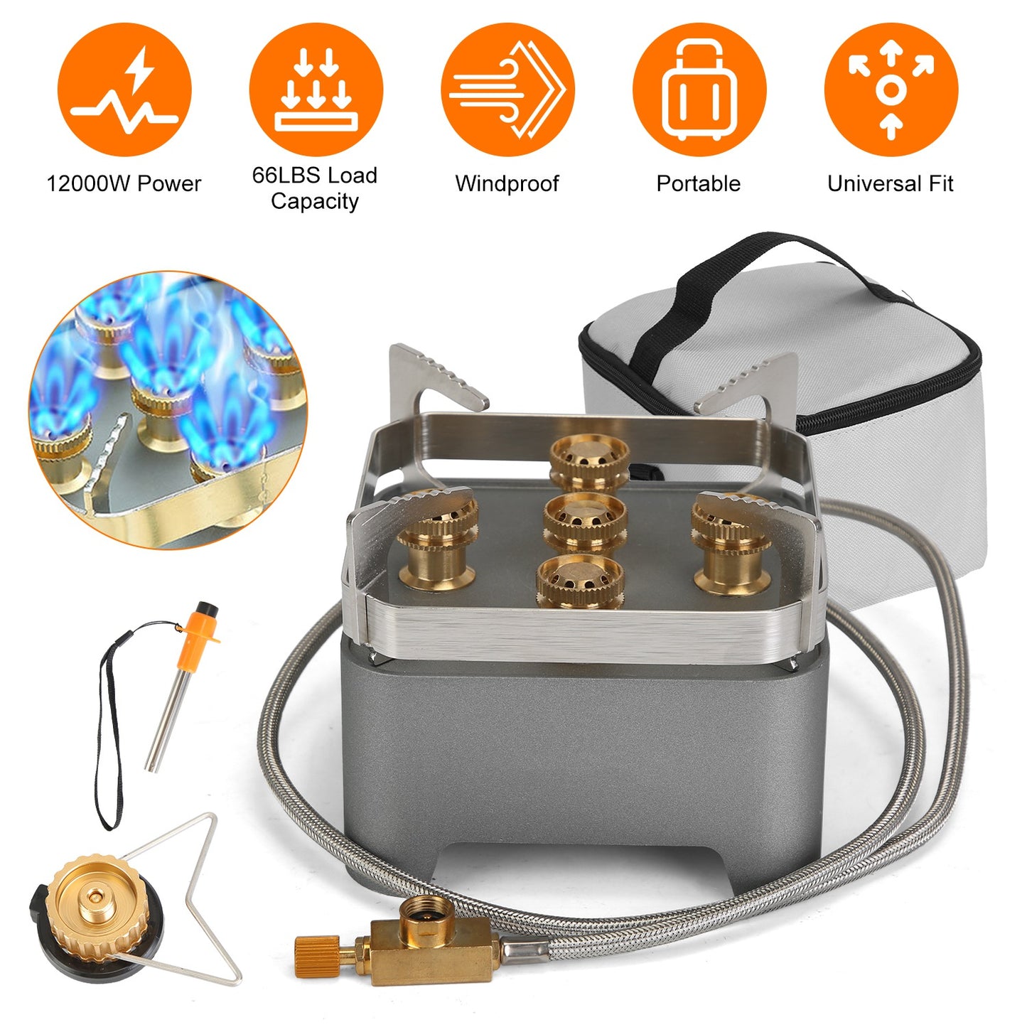 12000W Portable Camping Stove With Cassette Adapter Windproof Outdoor Backpacking Burner With Carrying Case Igniter For Outdoor Hiking Camping Picnic Backpacking