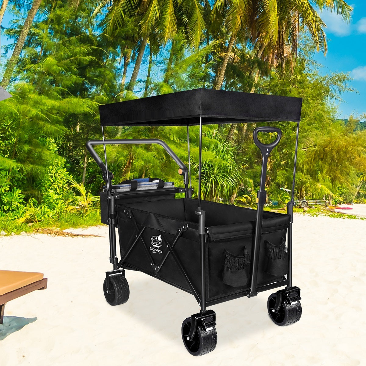Collapsible Wagon 140L Wagons Carts Foldable With Removable Canopy, Folding Wagon Cart With Wheels For All-Terrain With Brake, Foldable Wagon With Cooler Bag, For Camping Beach Shopping