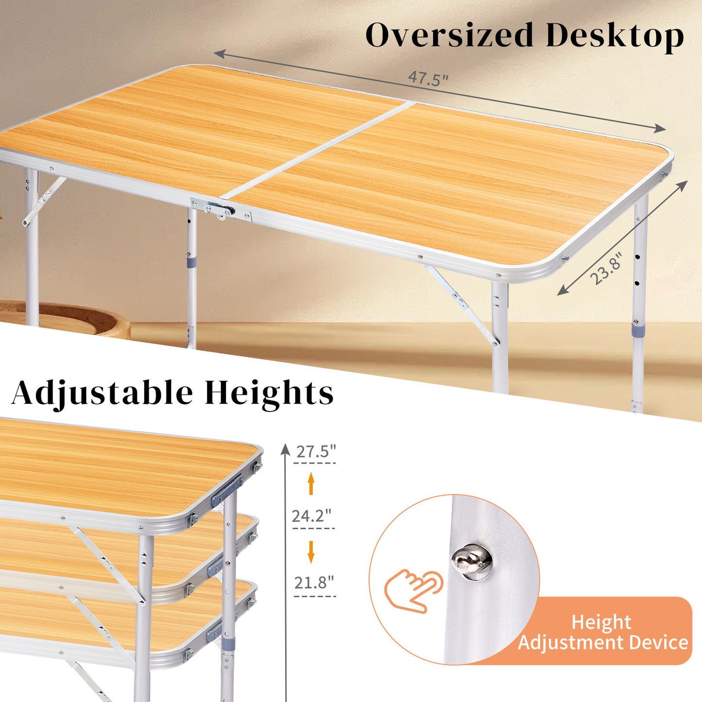 4ft Wood Grain Outdoor Folding Table Aluminum Alloy Rectangular 50kg Two Fold Tabletop