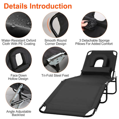 1Pc Folding Beach Lounge Chair Face Down Tanning Chaise Sunbathing Recliner 265LBS Max Load With 5-Angle Backrest 3 Removable Pillows For Beach Pool Lawn Yard Patio Office Nap Camping