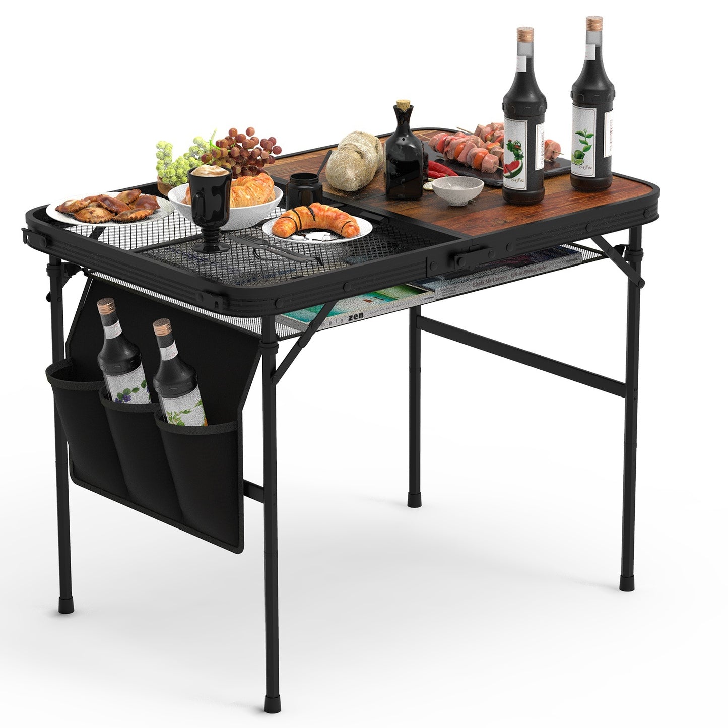 1Pc 35.43x23.62x26in Foldable Camping Table Collapsible Picnic Aluminum Alloy Grill Stand 66LBS Max Load Height Adjustable BBQ Table With Adjustable Height Storage Net