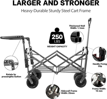 Collapsible Wagon 140L Wagons Carts Foldable With Removable Canopy, Folding Wagon Cart With Wheels For All-Terrain With Brake, Foldable Wagon With Cooler Bag, For Camping Beach Shopping