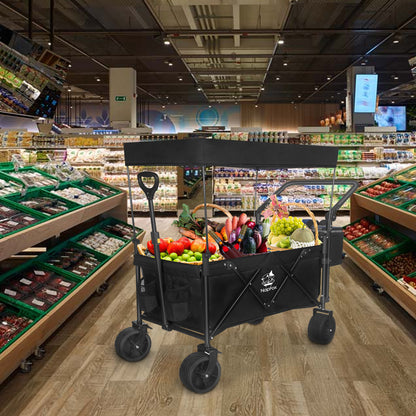 Collapsible Wagon 140L Wagons Carts Foldable With Removable Canopy, Folding Wagon Cart With Wheels For All-Terrain With Brake, Foldable Wagon With Cooler Bag, For Camping Beach Shopping