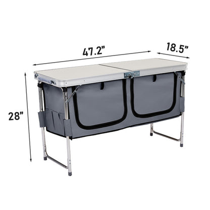 4ft 47cm Wide, Outdoor Folding Table, Aluminum Alloy, Rectangular, Two-fold Tabletop With Gray Cloth Cabinet, 3 Height Adjustments.