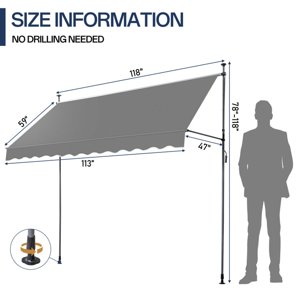 300x120x200-300cm, Grey, Support Canopy, Polyester Fabric, Aluminum-iron Frame, Retractable
