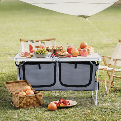 4ft 47cm Wide, Outdoor Folding Table, Aluminum Alloy, Rectangular, Two-fold Tabletop With Gray Cloth Cabinet, 3 Height Adjustments.