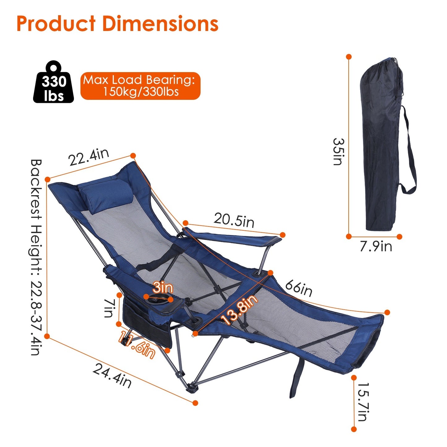 1Pc Foldable Camping Chair 330LBS Load Heavy Duty Steel Lawn Chair Collapsible Chair With Reclining Backrest Angle Cup Holder Pillow Side Pocket Carry Bag