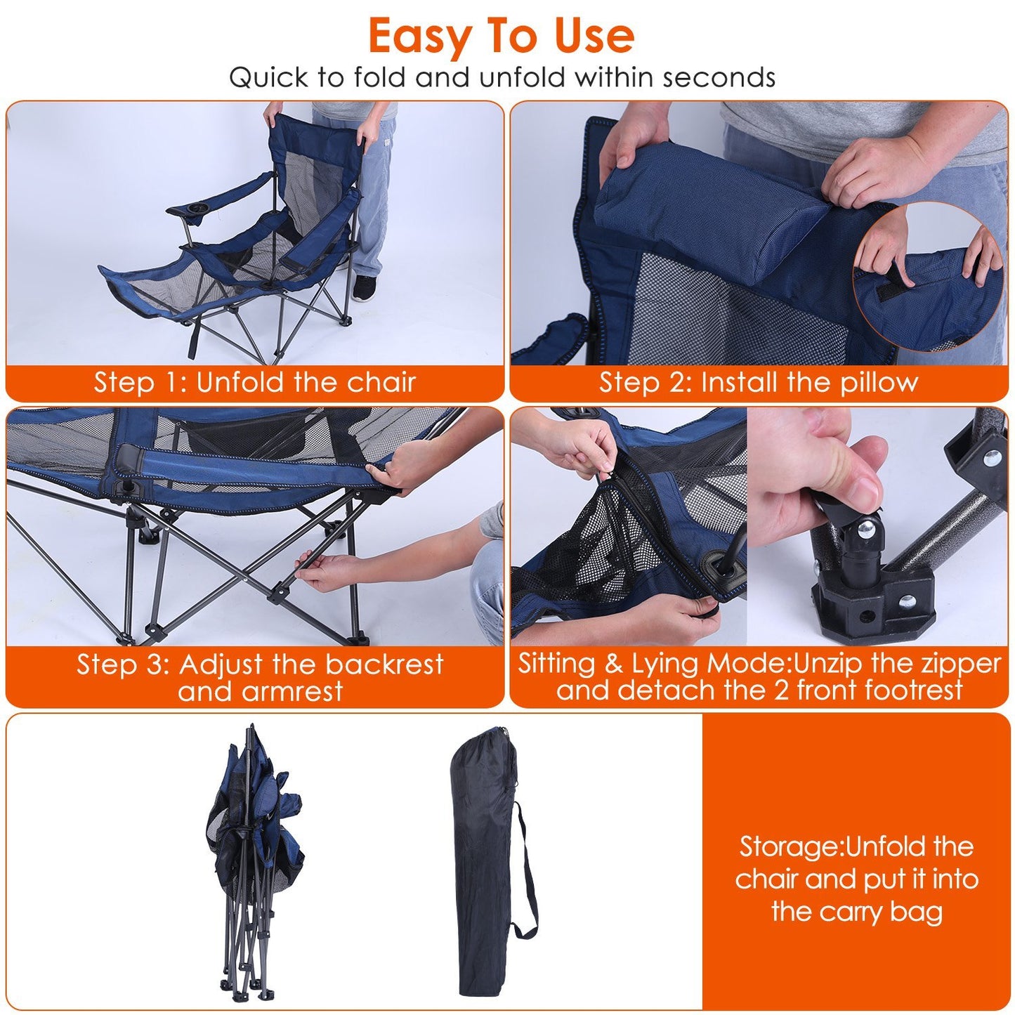 1Pc Foldable Camping Chair 330LBS Load Heavy Duty Steel Lawn Chair Collapsible Chair With Reclining Backrest Angle Cup Holder Pillow Side Pocket Carry Bag