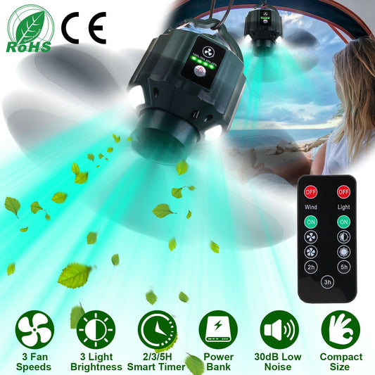 5200mAh Or 10400mAh Options -- 1Pc Portable Camping Ceiling LED Fan  USB Battery Powered Hanging Tent Lantern Fan Power Bank With 3 Fan Speed 3 Light Brightness Smart Timer Remote Control