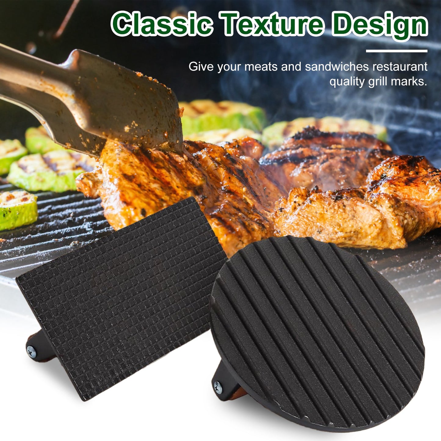 2Pcs Cast Iron Grill-1Pc Rectangular & 1Pc Round Press Pre-Seasoned Steak Weights Smash Burger Press Bacon Meat Smasher With Wood Handle 7in Round & 8.2x4.25in Rectangular Grill Press